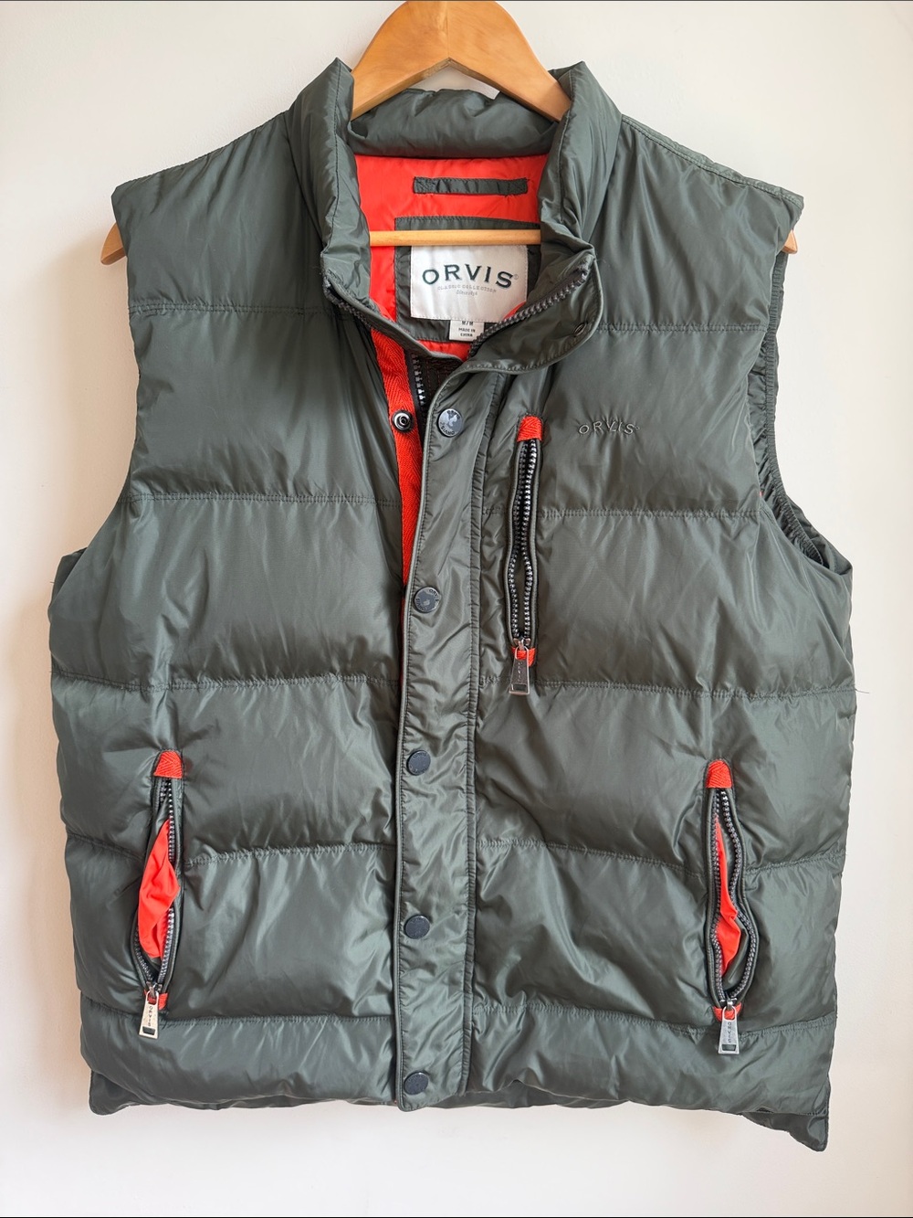 Orvis Down Puffer Vest Nylon Mens M Military Green With Orange